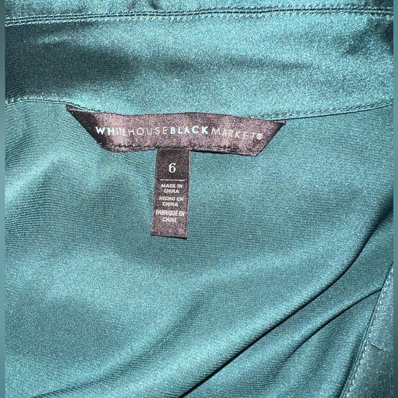 WHBM Long Sleeve Satin Ruffle Wrap Dress In Deep Mineral Green - Picture 6 of 6